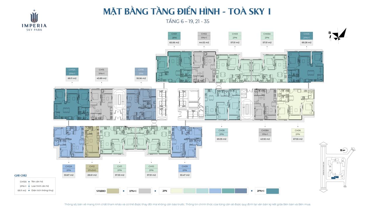 Mặt bằng tầng điển hình tòa Sky 1 MIK Nam An Khánh - Imperia Sky Park (tầng 21-35): Studio, 1PN+1, 2PN, 2PN+1