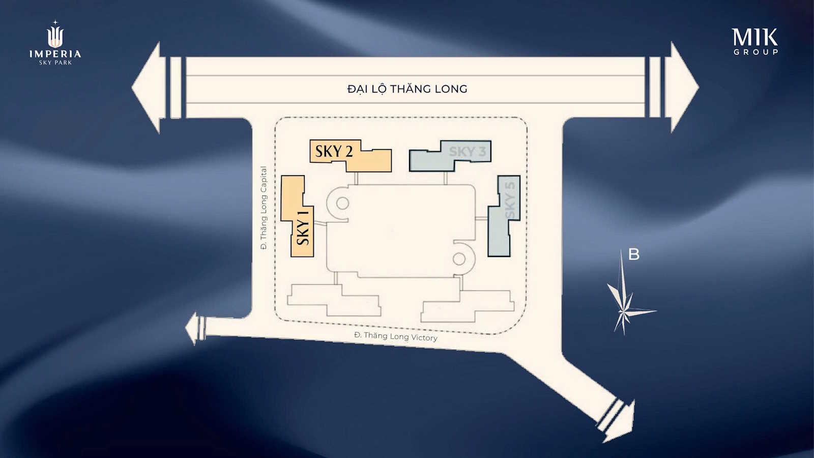 Sơ đồ vị trí các tòa Sky tại MIK Nam An Khánh - Imperia Sky Park, tiếp giáp Đại lộ Thăng Long